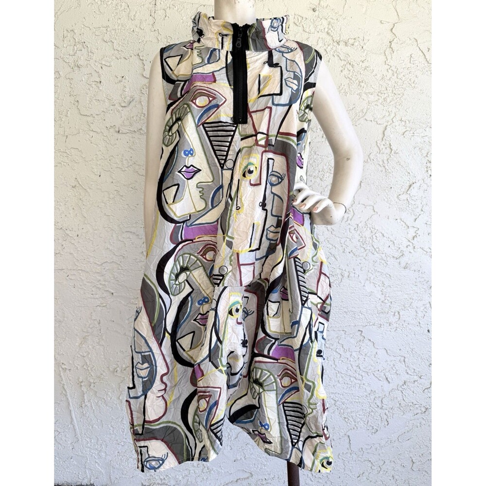 KOZAN Picasso Print Dress Art to Wear Lagenlook Tunic Lantern Hem Cubist Size XL